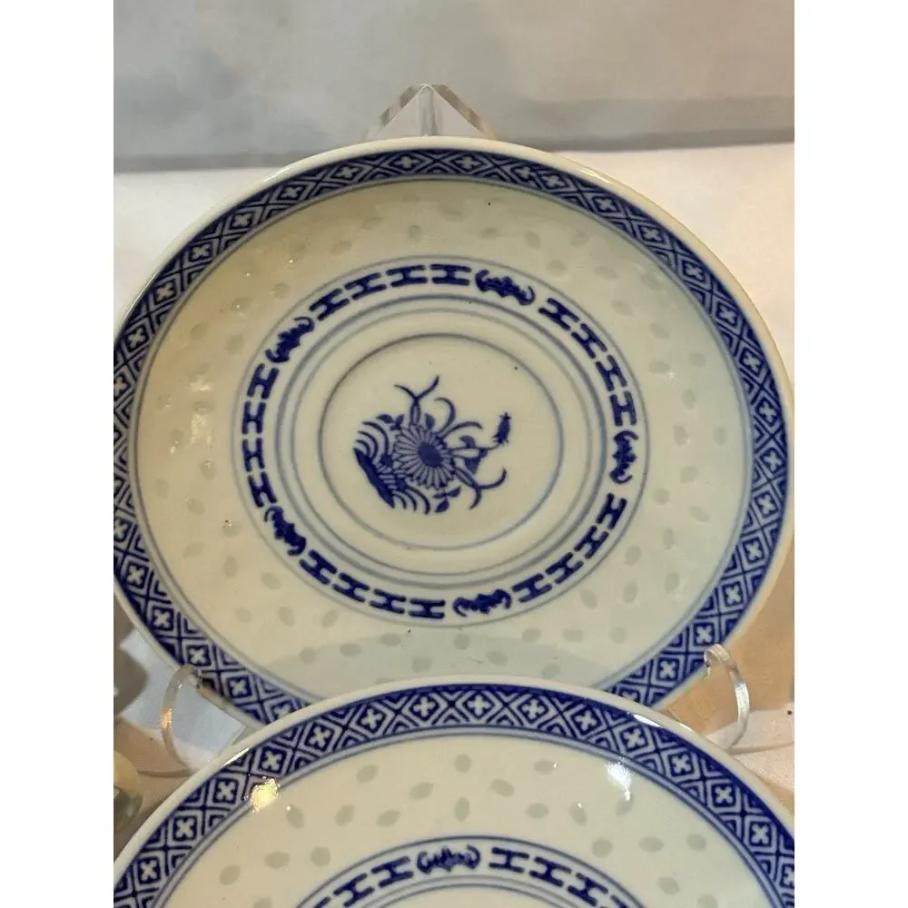 Vintage Chinese Rice Grain Blue White Porcelain Soup Set 4 Cups 4 Saucers Spoon